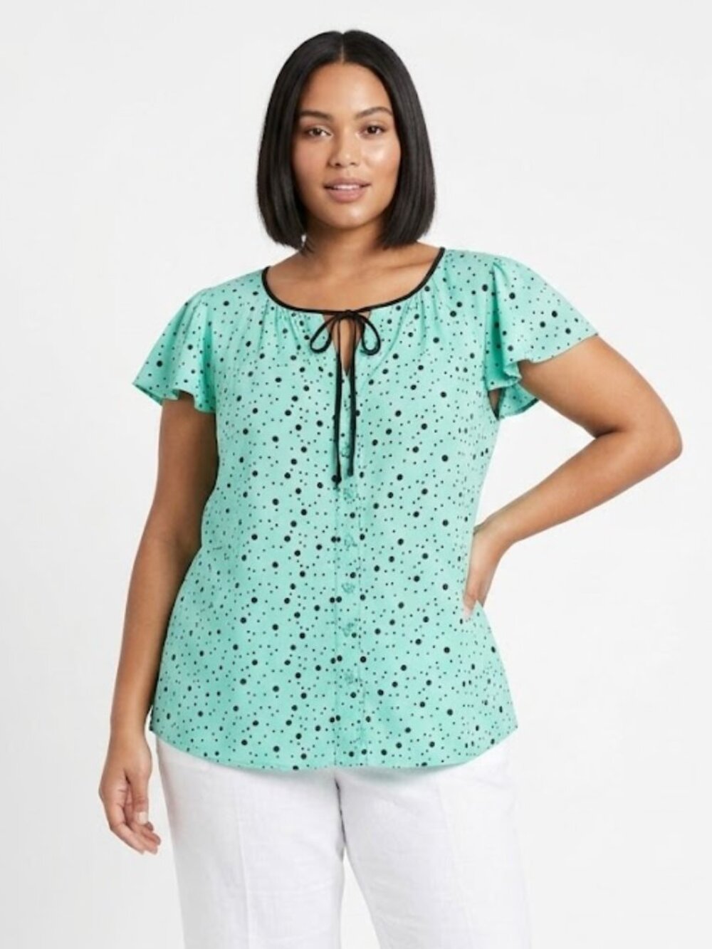 Pure Energy Plus Blouse Mint Green Polka Dot Flutter Sleeve 1X 14/16